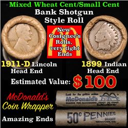 Mixed small cents 1c orig shotgun roll, 1911-d Wheat Cent, 1899 Indian Cent other end
