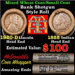 Mixed small cents 1c orig shotgun roll, 1920-d Wheat Cent, 1888 Indian Cent other end