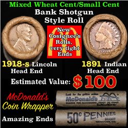Mixed small cents 1c orig shotgun roll, 1918-s Wheat Cent, 1891 Indian Cent other end