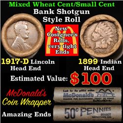Mixed small cents 1c orig shotgun roll, 1917-d Wheat Cent, 1899 Indian Cent other end