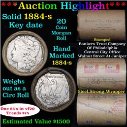 ***Auction Highlight*** Full solid Key date 1884-s Morgan silver dollar roll, 20 coins (fc)