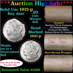 ***Auction Highlight*** Full solid UNCIRCULATED 1921-p Morgan silver dollar roll, 20 coins (fc)