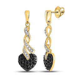 Round Black Color Enhanced Diamond Heart Earrings 1/5 Cttw 10kt Yellow Gold