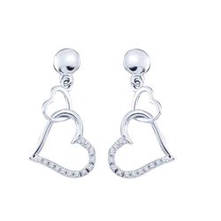 Diamond Linked Hearts Dangle Screwback Earrings 1/10 Cttw 10kt White Gold