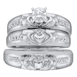 His & Hers Diamond Claddagh Matching Bridal Wedding Ring Band Set 1/8 Cttw 14kt White Gold