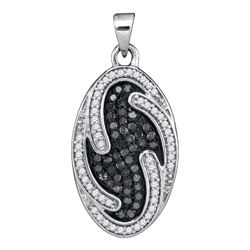 Round Black Color Enhanced Diamond Oval Cluster Pendant 1/2 Cttw 10kt White Gold