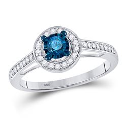 Round Blue Color Enhanced Diamond Solitaire Bridal Wedding Engagement Ring 3/8 Cttw 10kt White Gold