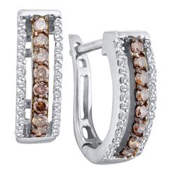 Round Brown Diamond Triple Row Huggie Earrings 1/2 Cttw 14kt White Gold
