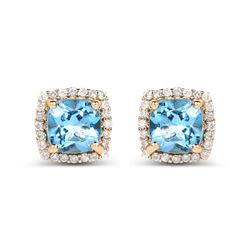 1.58 ctw Swiss Blue Topaz & Diamond Earrings 14K Yellow Gold - REF-37X2Y