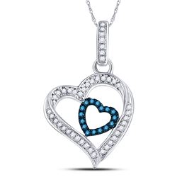 Round Blue Color Enhanced Diamond Nested Heart Pendant 1/6 Cttw 10kt White Gold