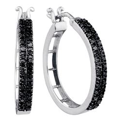 Round Black Color Enhanced Diamond Hoop Earrings 1/2 Cttw 10kt White Gold