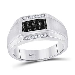 Mens Round Black Color Enhanced Diamond Rectangle Cluster Ring 3/8 Cttw 10kt White Gold