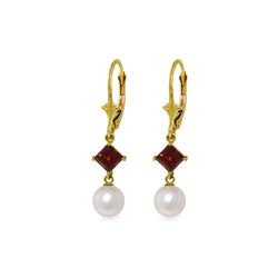 Genuine 5 ctw Pearl & Garnet Earrings 14KT Yellow Gold - REF-29F7Z