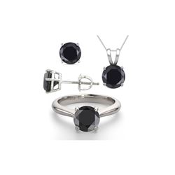 14K White Gold SET 8.0CTW Black Diamond Ring, Earrings, Necklace - REF-597Y2X