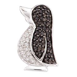 Round Black Color Enhanced Diamond Penguin Bird Animal Pendant 1/4 Cttw 14kt White Gold