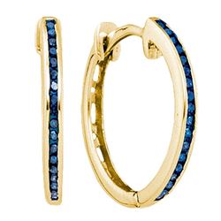 Round Blue Color Enhanced Diamond Hoop Earrings 1/10 Cttw 10kt Yellow Gold