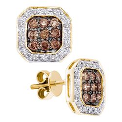 Round Brown Diamond Square Cluster Screwback Earrings 3/4 Cttw 14kt Yellow Gold