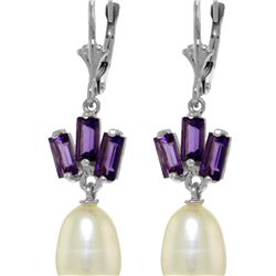 Genuine 9.35 ctw Pearl & Amethyst Earrings 14KT White Gold - REF-26P6H