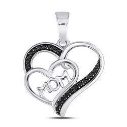 Round Black Color Enhanced Diamond Mom Mother Heart Pendant 1/10 Cttw 10kt White Gold