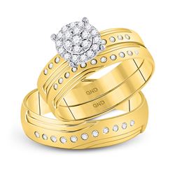 His & Hers Diamond Cluster Matching Bridal Wedding Ring Band Set 1/3 Cttw 14kt Yellow Gold