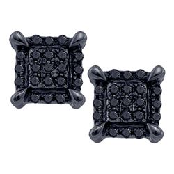 Mens Round Black Color Enhanced Diamond Square Cluster Earrings 1/12 Cttw 10kt White Gold