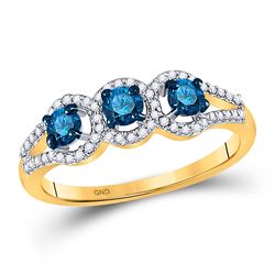 Round Blue Color Enhanced Diamond 3-stone Bridal Wedding Engagement Ring 5/8 Cttw 10kt Yellow Gold