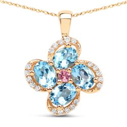 0.89 ctw Swiss Blue Topaz, Tourmaline Pink & Diamond Pendant 14K Yellow Gold - REF-31F8W