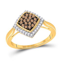 Round Brown Diamond Diagonal Square Cluster Ring 1/3 Cttw 10kt Yellow Gold