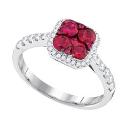 Round Ruby Square Frame Cluster Diamond Ring 1.00 Cttw 14kt White Gold