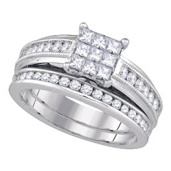 Diamond Cluster Bridal Wedding Engagement Ring Band Set 1.00 Cttw 14kt White Gold