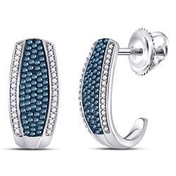 Round Blue Color Enhanced Diamond Half J Hoop Earrings 1/2 Cttw 10kt White Gold