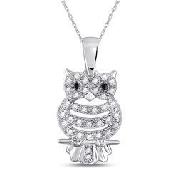 Round Black Color Enhanced Diamond Owl Bird Animal Pendant 1/6 Cttw 10kt White Gold