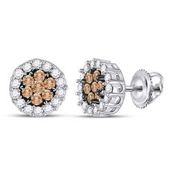 Round Brown Diamond Flower Cluster Screwback Earrings 3/4 Cttw 14kt White Gold