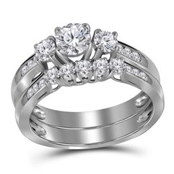 Round 3-stone Diamond Wedding Bridal Ring Set 1.00 Cttw 14k White Gold