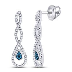 Round Blue Color Enhanced Diamond Dangle Earrings 1/4 Cttw 10kt White Gold