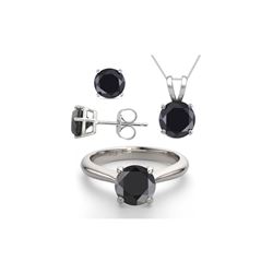 14K White Gold SET 3.20CTW Black Diamond Ring, Earrings, Necklace - REF-199R8X