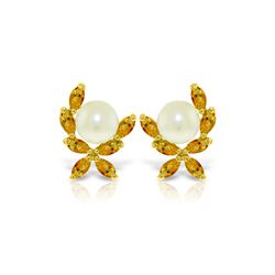 Genuine 3.25 ctw Pearl & Citrine Earrings 14KT Yellow Gold - REF-30P2H