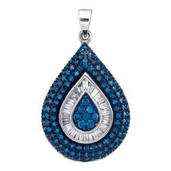 Round Blue Color Enhanced Diamond Teardrop Frame Pendant 1.00 Cttw 10kt White Gold