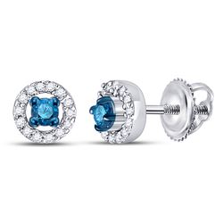 Round Blue Color Enhanced Diamond Stud Earrings 1/5 Cttw 10kt White Gold