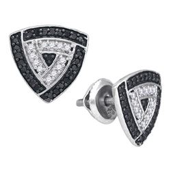 Round Black Color Enhanced Diamond Triangle Frame Stud Earrings 1/2 Cttw 10kt White Gold