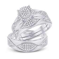 His & Hers Diamond Cluster Matching Bridal Wedding Ring Band Set 1/2 Cttw 10kt White Gold