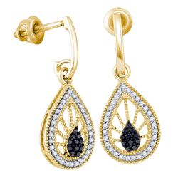 Black Color Enhanced Diamond Teardrop Dangle Earrings 1/3 Cttw 10kt Yellow Gold