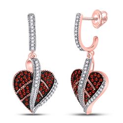 Round Red Color Enhanced Diamond Heart Dangle Screwback Earrings 1/3 Cttw 10kt Rose Gold
