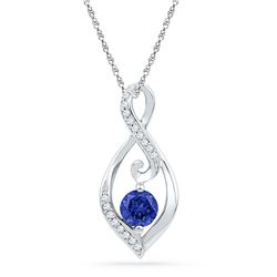 Round Lab-Created Blue Sapphire Solitaire Diamond Pendant 1/10 Cttw 10kt White Gold