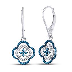 Round Blue Color Enhanced Diamond Quatrefoil Dangle Earrings 1/3 Cttw 10kt White Gold