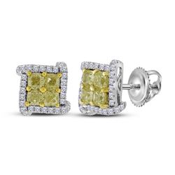 Round Yellow Color Enhanced Diamond Square Cluster Earrings 1-1/2 Cttw 18kt White Gold