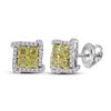 Image 1 : Round Yellow Color Enhanced Diamond Square Cluster Earrings 1-1/2 Cttw 18kt White Gold