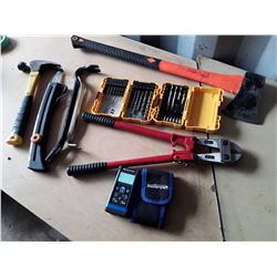 Lot of Tools - Dewalt Drill Bit Set, Dewalt Driver Set, Bolt Cutters, Axe, Laser Tool and More