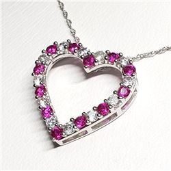 Silver Created Ruby Cubic Zirconia Heart Shaped Pendant With Chain Necklace (~length 18"cm), Suggest