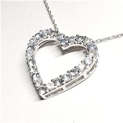Silver Simulated Aquamarine Cubic Zirconia Heart Shaped Pendant With Chain Necklace (~length 18"cm),